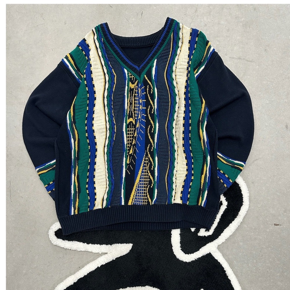 Vintage 3D Knit Coogi Style Sweater Mens‎ Medium Navy Blue Multi V-Neck Pullover